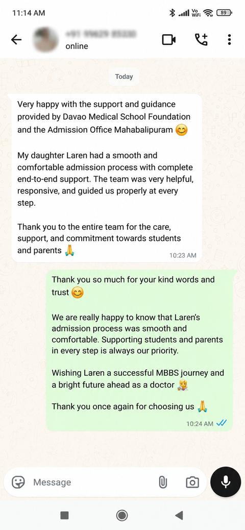 Real WhatsApp review from Laren's father - DMSF parent - smooth admission via Mahabalipuram office