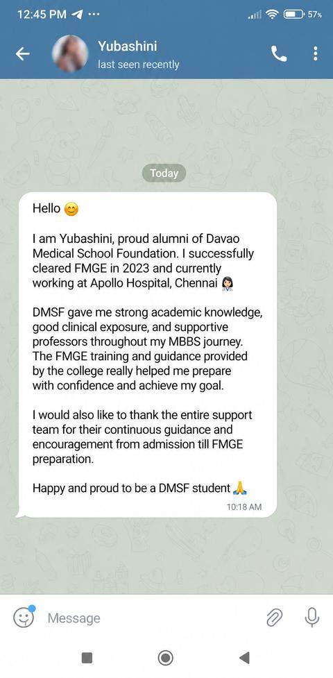 Dr Yubashini DMSF alumni FMGE 2023 Apollo Chennai